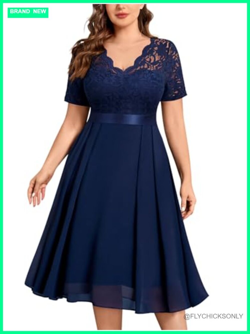 Plus Size Lace Flowy Cocktail Wedding Guest Midi Dress V-Neck